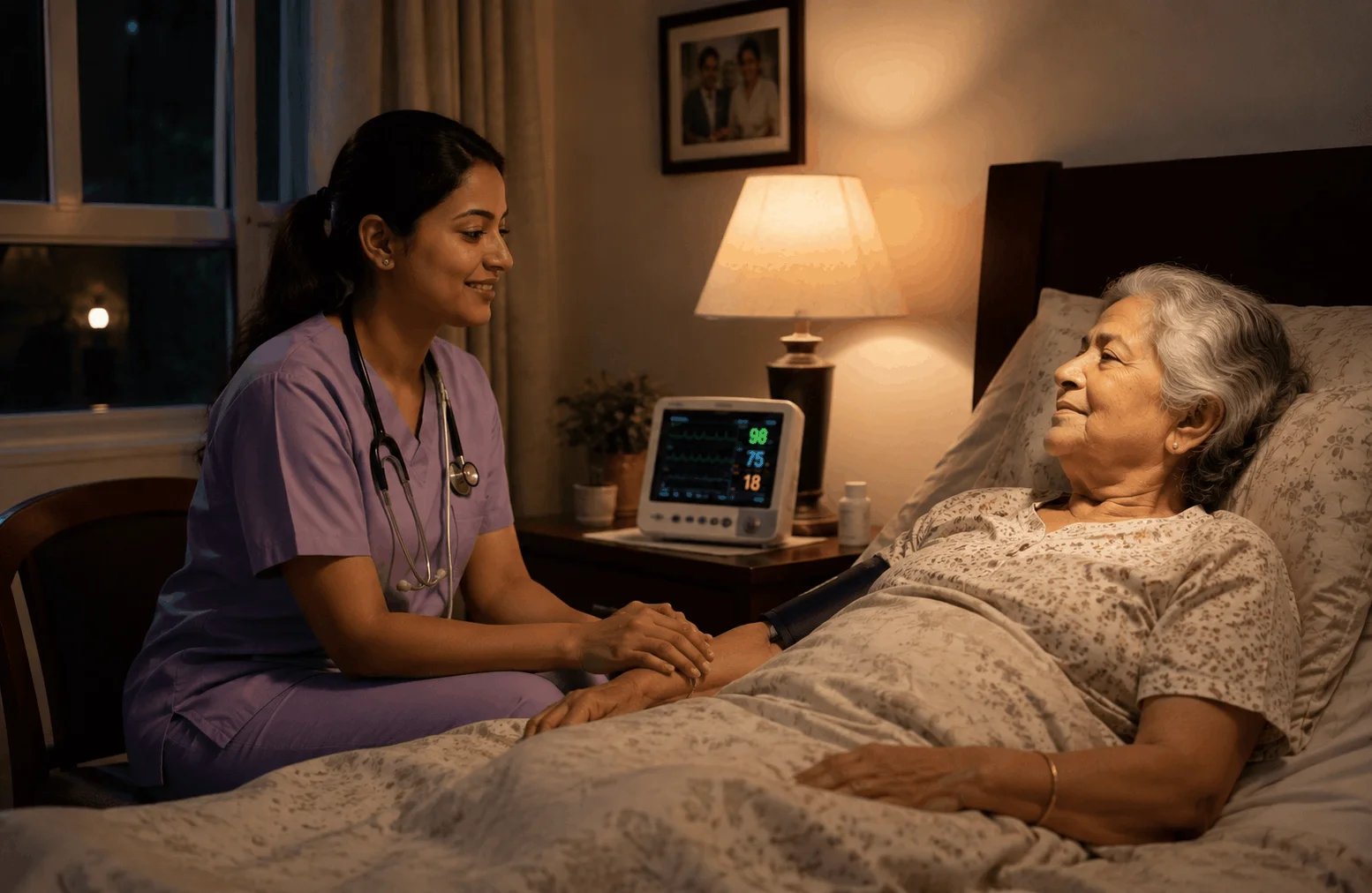 Nurse attending to patient in bed